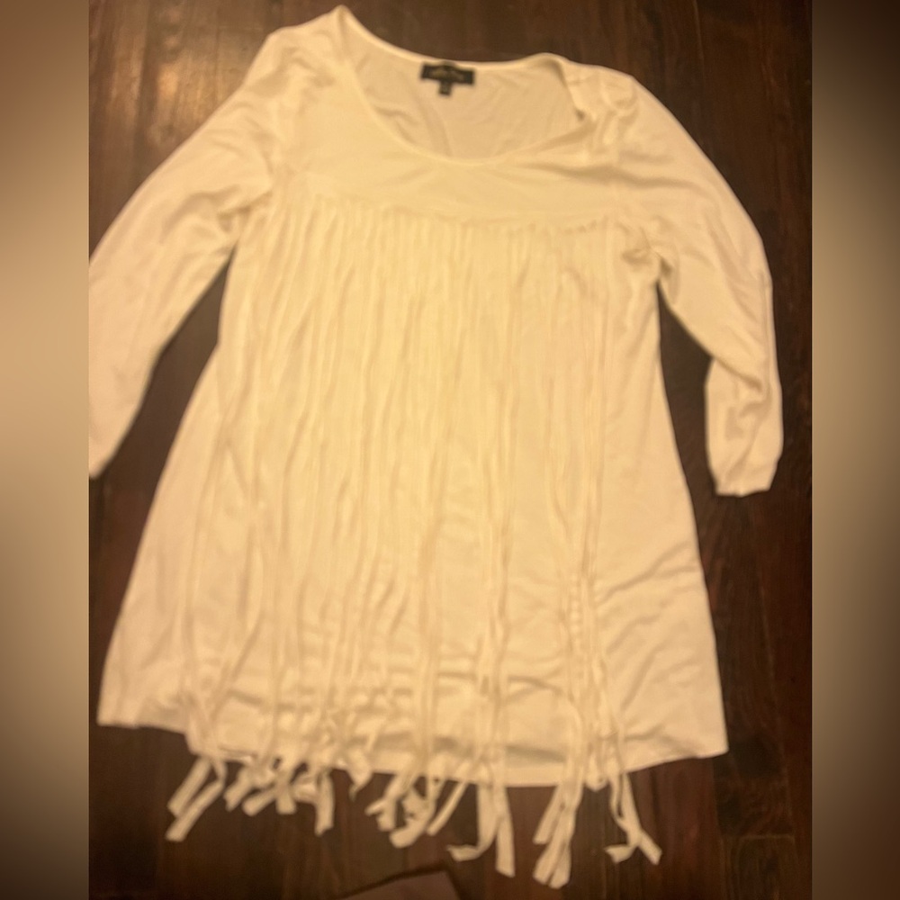 White Fringe Long Sleeve Top